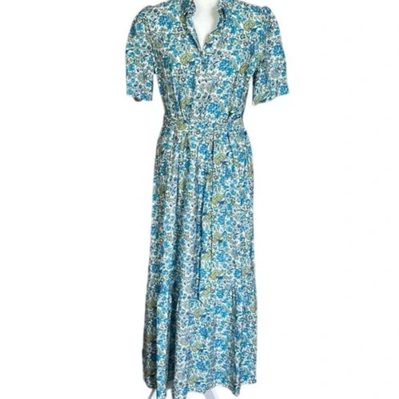 LOFT Blue and Green Midi Sundress with Crew Neck - Picture 1 of 5